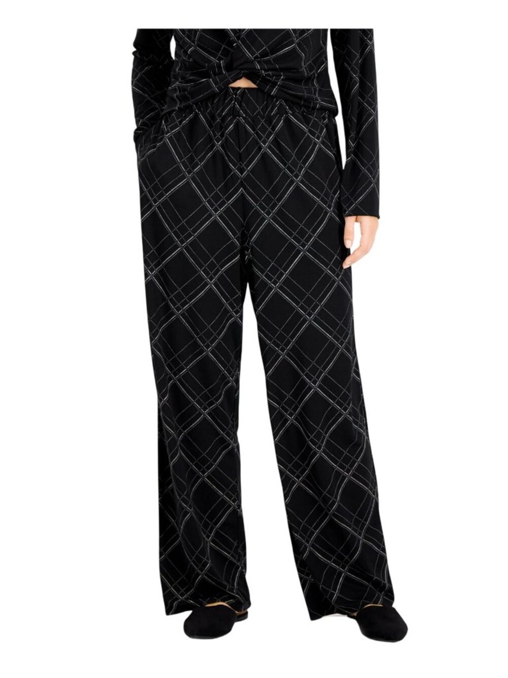 NWT Alfani Womens Ribbed Wide-Leg Pull-on Pants 100131741MS Black Monic Plaid S